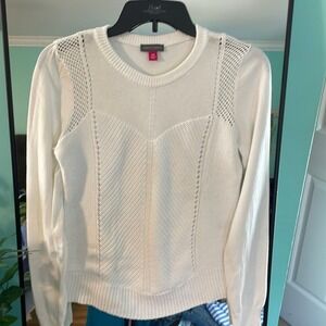 Vince Camuto Womens White Mixed‎ Media Pointelle Knit Sweater PM Petite Medium